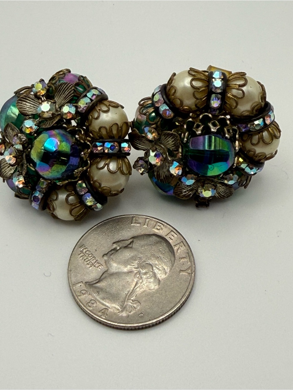 Vintage HOBE signed peacock AB Rhinestone Faux Pearl cluster clip on earrings